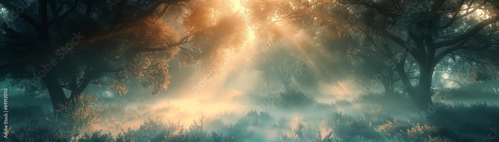 Fototapeta premium Mystical fog over a forest, dreamlike atmosphere, soft tones, fantasy illustration
