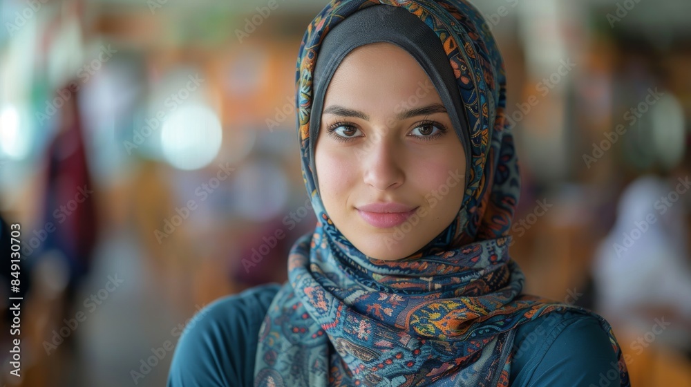 Smiling woman with beautiful eyes wearing a colorful patterned hijab Smiling woman with beautiful eyes wearing a colorful patterned hijab
