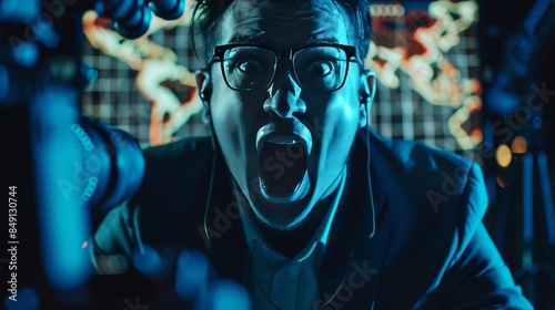Man with glasses looking shocked at computer screen with map background. Emphasizes technology and emotion. photo