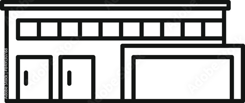 Simple line art illustration depicting a modern industrial building facade featuring a large garage door