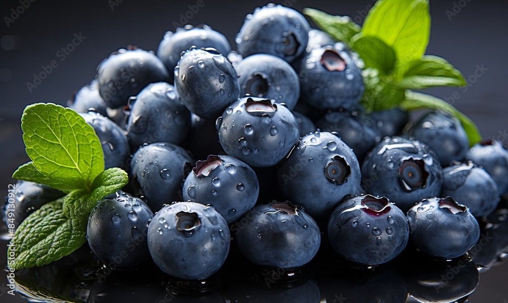 Pile of Blueberries With Leaves