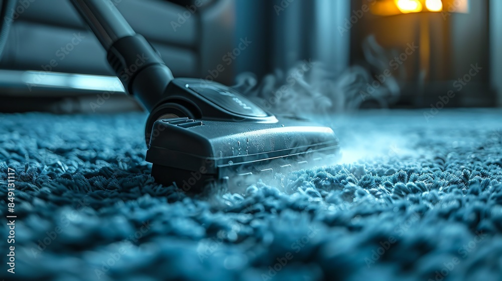 Vacuum cleaner in action on a vibrant blue carpet with visible dust particles, showcasing clean living and home maintenance Vacuum cleaner in action on a vibrant blue carpet with visible dust particles, showcasing clean living and home maintenance