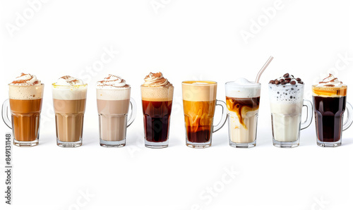 Assortment of Various Coffee Drinks in Clear Mugs on White Background: Latte, Cappuccino, Mocha, Espresso, and Iced Coffee for Cafes, Restaurants, and Menu Design