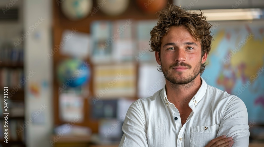 A thoughtful young man with a casual style stands in front of a world map and globes, suggesting a love for geography and education A thoughtful young man with a casual style stands in front of a world map and globes, suggesting a love for geography and education