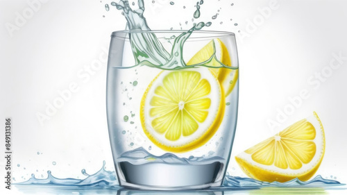 illustration the water with lemon in a transparent glass with splashes on a white table, white background. Detox and refreshing concept. Copy space. Watercolor picture. Drinking regime for health