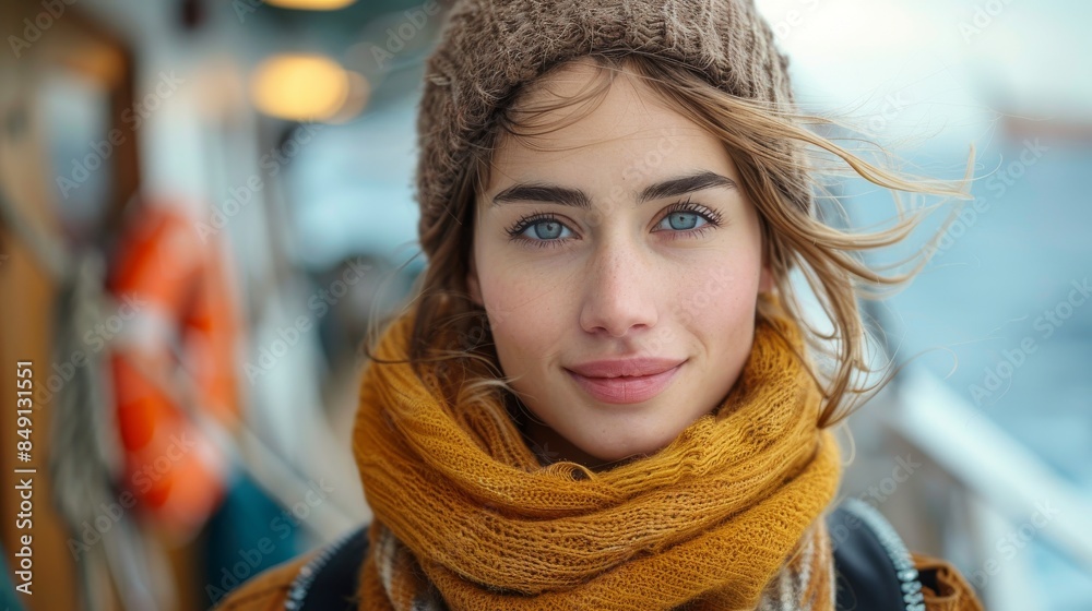 A young woman smiling, wearing a brown knit hat and mustard yellow scarf A young woman smiling, wearing a brown knit hat and mustard yellow scarf