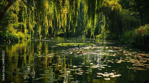 The image is a beautiful landscape of a pond in a park. The water is green and still. There are many water lilies on the surface of the water. photo