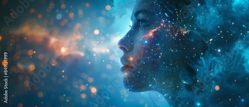 A woman's face emerges from a shimmering, cosmic background, Ardra constellation Gemini, intricate design close up photo