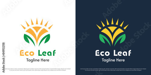 Leaf sun logo design illustration. Silhouette of circle shape eco synergy natural resources solar power. Simple flat icon symbol minimal geometric modern abstract nature.