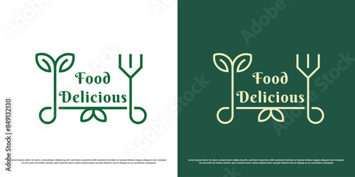 Vegetarian food logo design illustration. Silhouette line art healthy food vegetarian kitchen drink beverage dinner breakfast nature stamp. Abstract modern geometric minimalist simple icon symbol.
