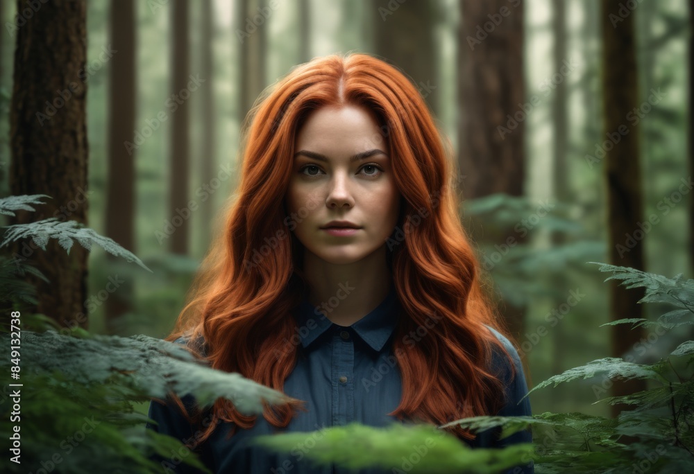 Portrait of a girl with long red hair in the woods Portrait of a girl ...