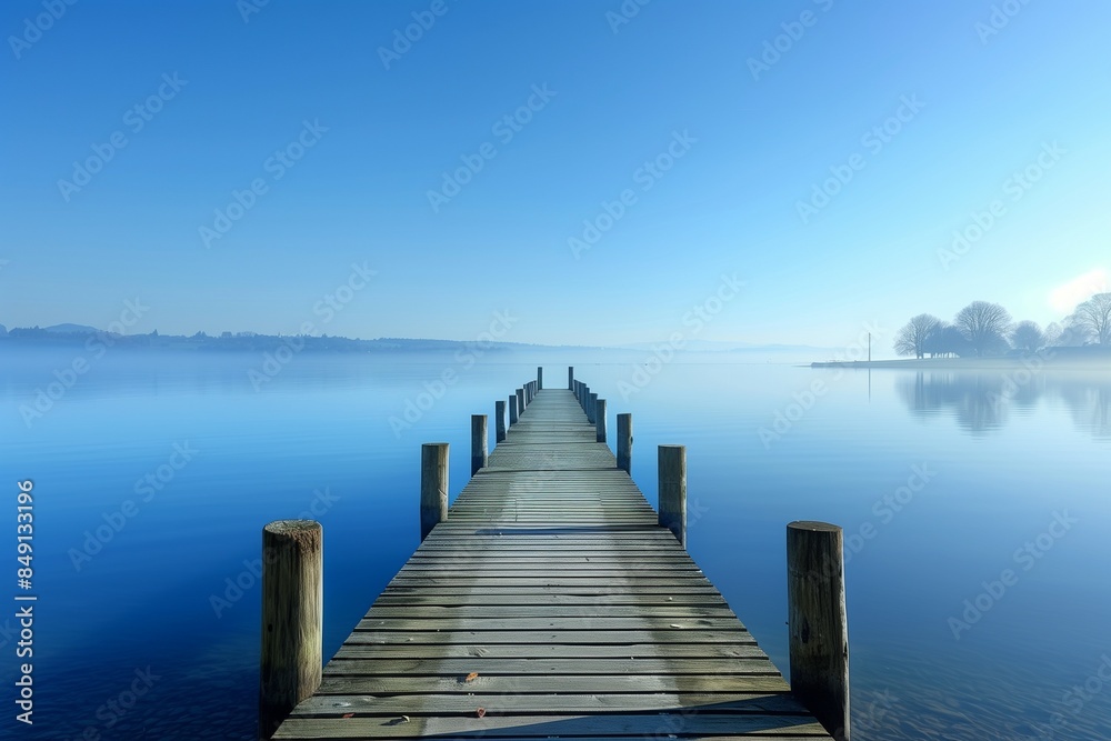 Obraz premium Tranquil Lakeside Pier under Clear Blue Sky