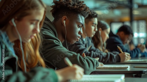 Students focused and studying in a classroom setting. The photo captures an educational and academic scene. Ideal for school promotions, online courses, and study-related content. AI