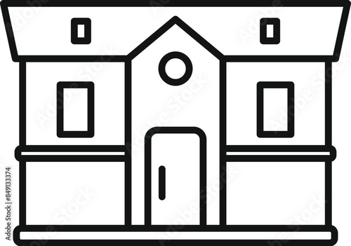 Simple line drawing of a city hall building featuring a large doorway and windows