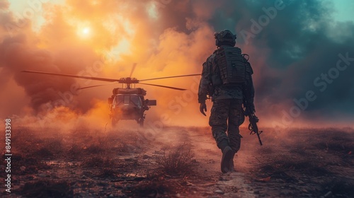 An evocative image showing a military figure walking towards a helicopter in a cloud of dust during sunset © svastix
