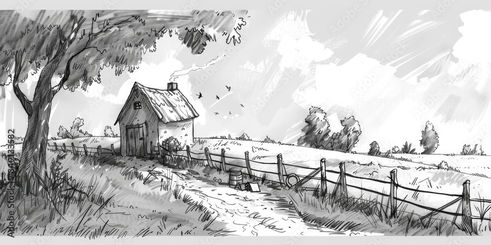 Fototapeta premium Vintage Farmhouse Sketch in Monochrome