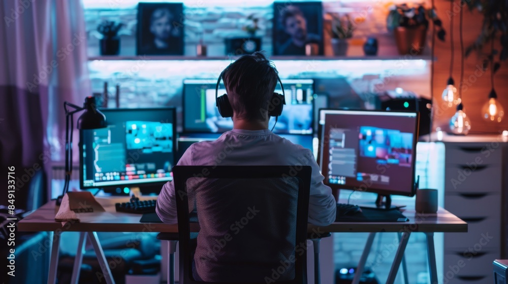 A man is sitting at a desk with three computer monitors in front of him A man is sitting at a desk with three computer monitors in front of him