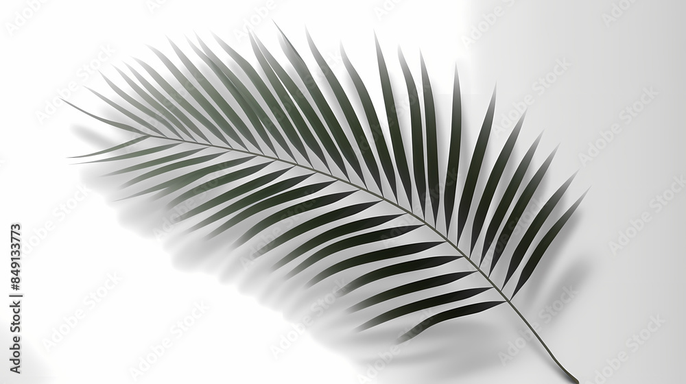 Fototapeta premium Realistic transparent shadow from a leaf of a palm tree on the white background. Tropical leaves shadow. Mockup with palm leaves shadow.