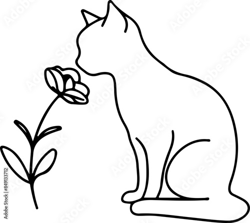 minimalist line drawing cat sniffing flower