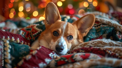 Corgi Dog Under a Blanket on a Christmas Day. © KP