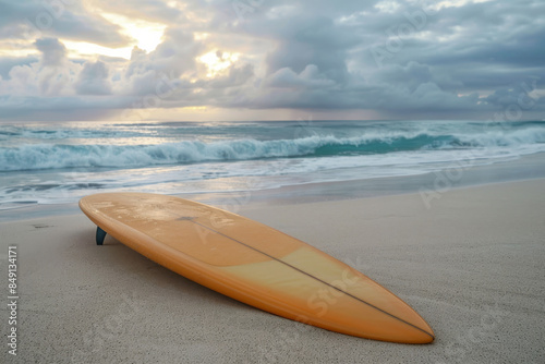 close up horizontal image of a surfboard on the beach in at sunset in a cold cloudy day