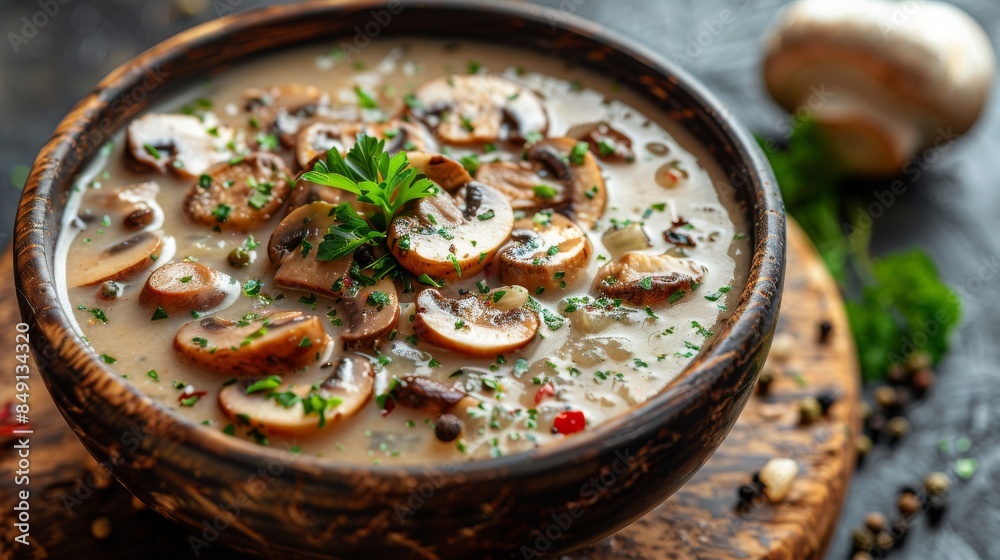 Rustic mushroom soup in a wooden bowl with parsley garnish, surrounded by fresh ingredients Rustic mushroom soup in a wooden bowl with parsley garnish, surrounded by fresh ingredients