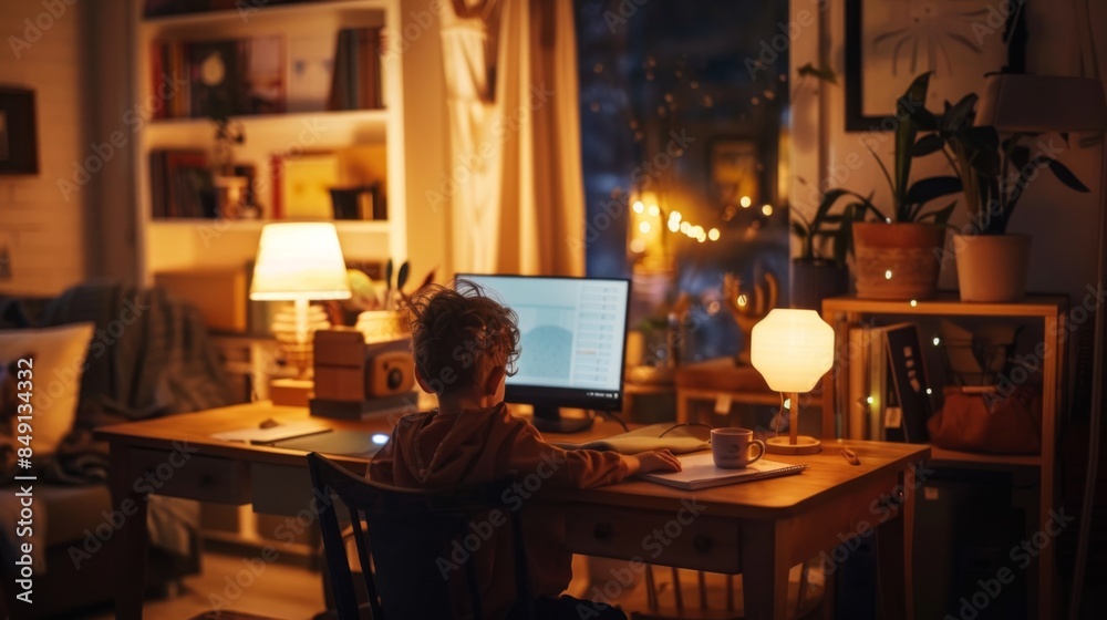 A child is sitting at a desk in a dimly lit room, working on a computer A child is sitting at a desk in a dimly lit room, working on a computer