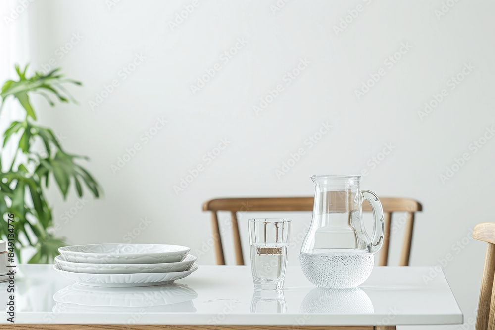 Water in a jug and a glass on the table, a chair and furniture, dishes on a white wall background. Advertisement. Style. Water in a jug and a glass on the table, a chair and furniture, dishes on a white wall background. Advertisement. Style.