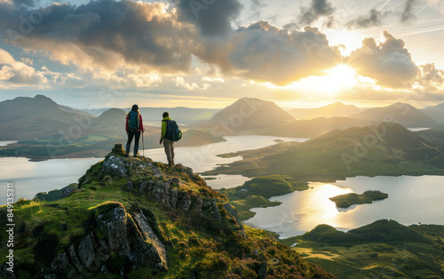 Two tourists standing on top of a mountain peak overlooking the lake district. The concept of travel, active lifestyle, extreme sports.