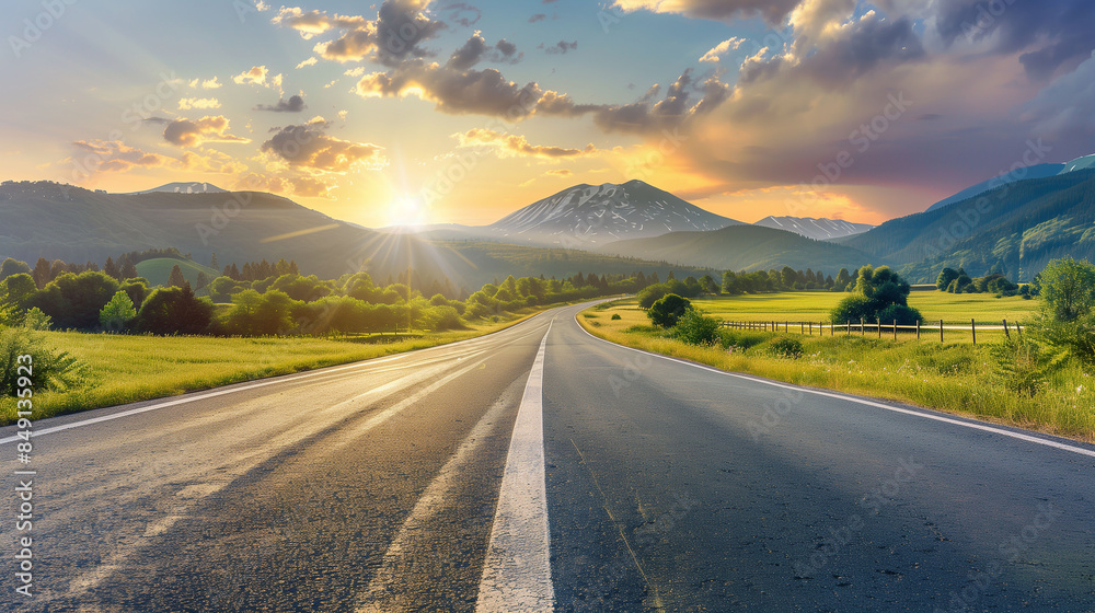 Asphalt highway road and green mountain with sky clouds at sunset Asphalt highway road and green mountain with sky clouds at sunset