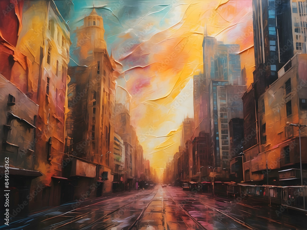 Naklejka premium Cityscape with abstract vibrant brush strokes
