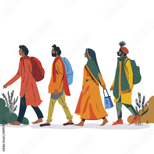 Three people walking side side, one woman two men, appear South Asian, wearing warm clothing carrying backpacks. Profiles diverse individuals, depicting motion, outdoors, woman wearing traditional