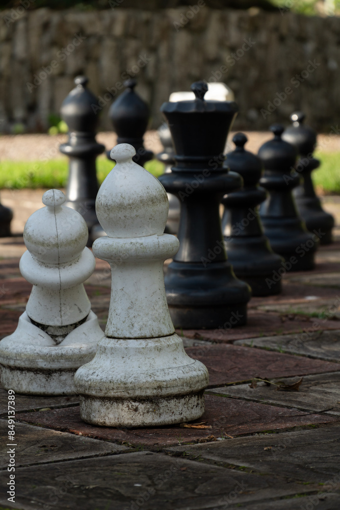 Big chess pieces on a chessboard outside in the garden. Big chess pieces on a chessboard outside in the garden.