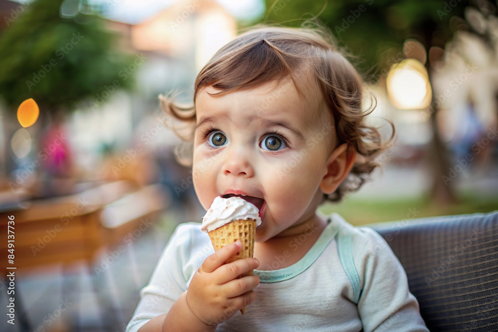Beautiful baby eating ice cream in a waffle cone outdoors. Selective focus. Beautiful baby eating ice cream in a waffle cone outdoors. Selective focus.
