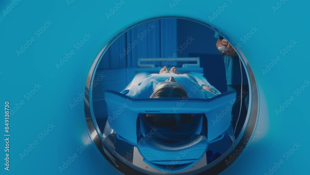 Inside view of MRI capsule with female patient in medical gown going into scanning machine operated by radiologist using remote control Inside view of MRI capsule with female patient in medical gown going into scanning machine operated by radiologist using remote control