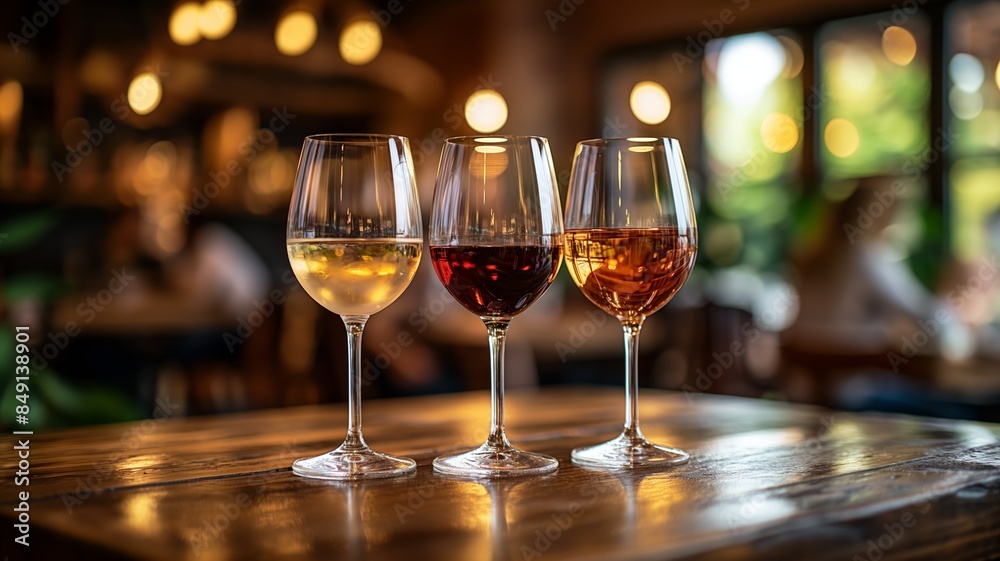 Three Glasses of Wine on a Wooden Table Three Glasses of Wine on a Wooden Table