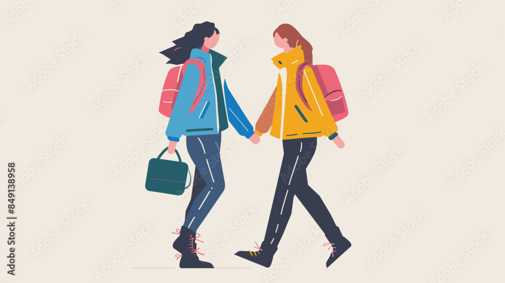 Two people walking side side, holding hands, casual wear, backpacks, shoes, modern flat design illustration, carry bags, dressed jackets, showcasing friendship relationship, stylized characters Two people walking side side, holding hands, casual wear, backpacks, shoes, modern flat design illustration, carry bags, dressed jackets, showcasing friendship relationship, stylized characters