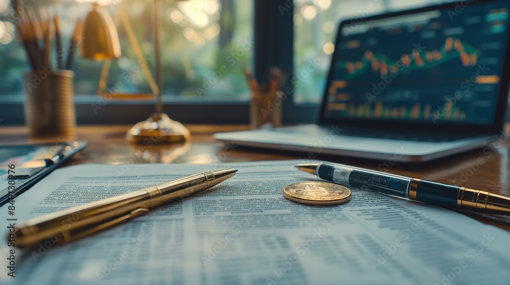 Obraz premium Financial Analysis with a Golden Bitcoin