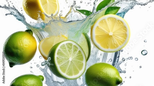 illustration the water with limes and lemons and green leaves, water with splashes on a white background. Detox and refreshing concept. Copy space. Watercolor picture. Drinking regime for health