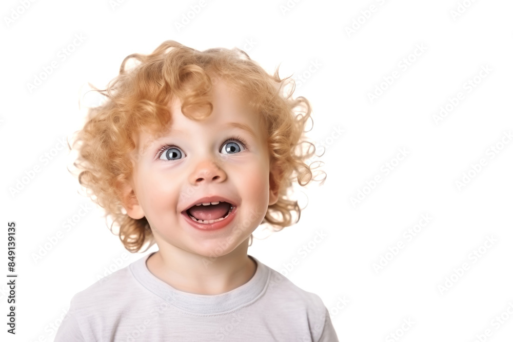 curly baby smiling joyful, happy child, portrait, light background for design, copy space, close-up curly baby smiling joyful, happy child, portrait, light background for design, copy space, close-up
