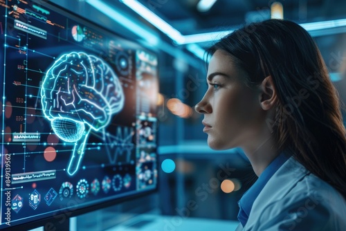 Female business woman with digital brain interface in front of computer screen, side view, futuristic technology concept, AI and robotic elements in the background, stock photo