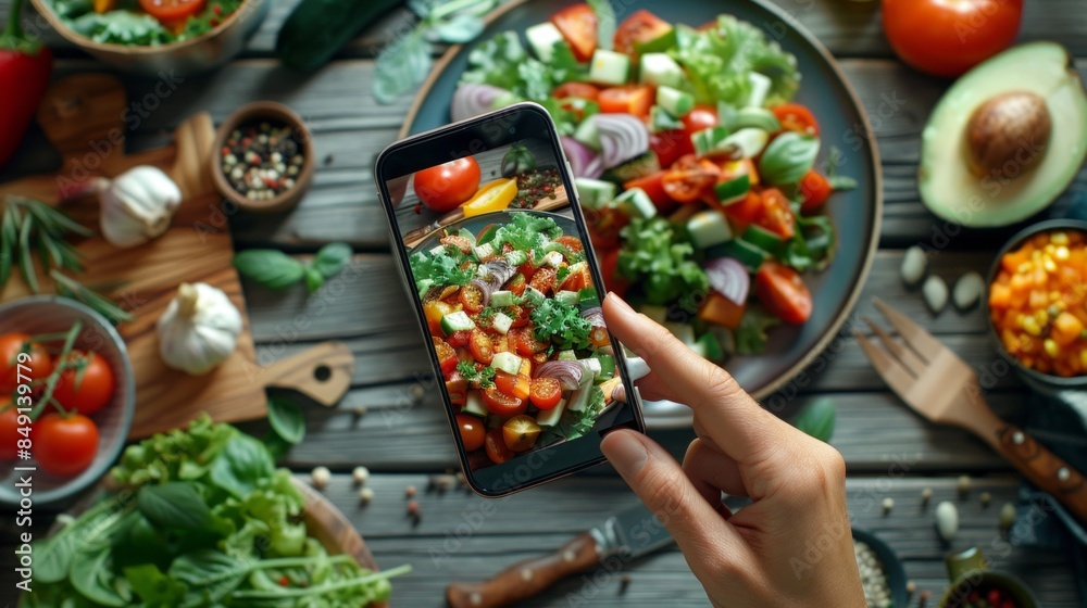 Person taking photo of a fresh colorful salad. Capturing meal preparation with smartphone. Vibrant vegetables and greens on rustic table. Ideal for food bloggers and healthy eating concepts. AI Person taking photo of a fresh colorful salad. Capturing meal preparation with smartphone. Vibrant vegetables and greens on rustic table. Ideal for food bloggers and healthy eating concepts. AI