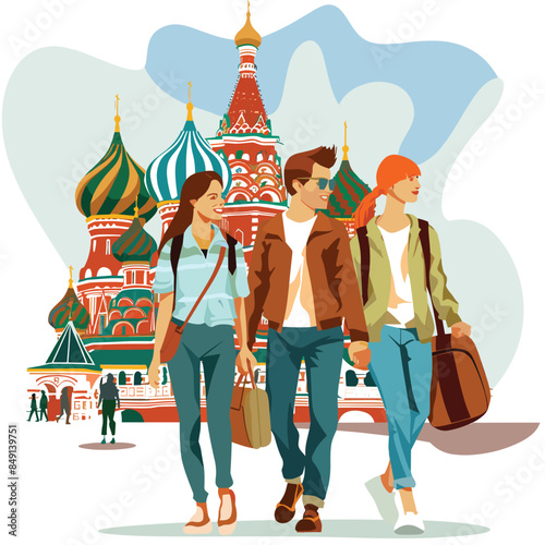 Young tourists exploring famous landmarks, St. Basils Cathedral backdrop, smiling group friends. Stylish travelers walking, cultural sightseeing, vibrant illustration Moscow attraction. Casual