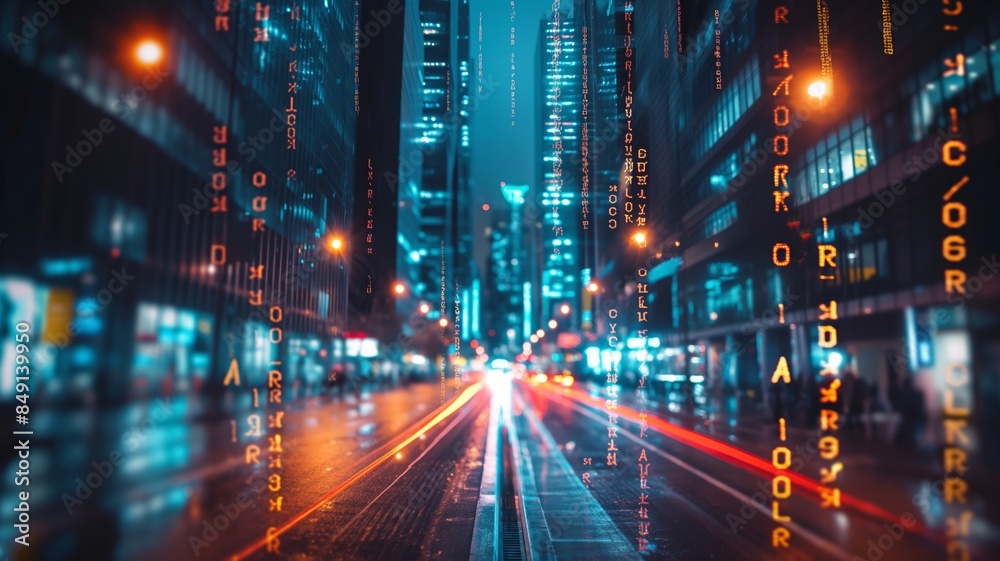 Night Cityscape with Blurred Lights and Digital Overlay Night Cityscape with Blurred Lights and Digital Overlay