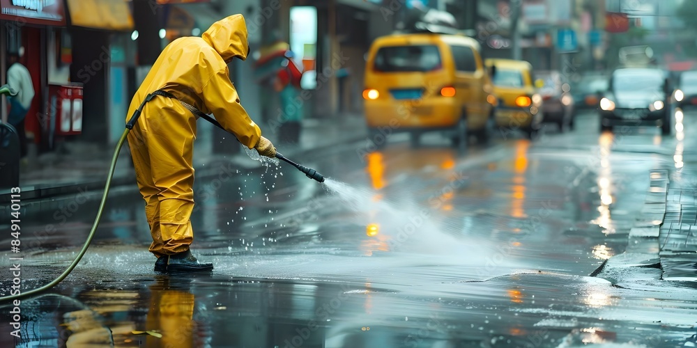 Worker in yellow rain suit uses highpressure water pole to clean urban street. Concept Cleaning, Urban, Street, High-pressure water pole, Worker Worker in yellow rain suit uses highpressure water pole to clean urban street. Concept Cleaning, Urban, Street, High-pressure water pole, Worker