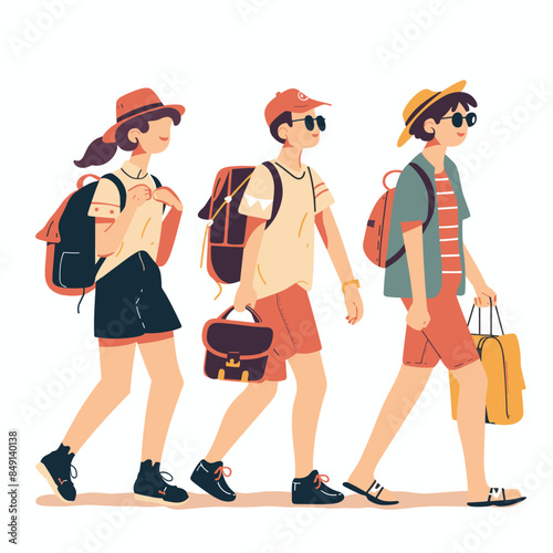 Three young travelers walking side side, carrying bags, dressed casual summer attire. Stylish tourists backpacks, sunglasses, hats stroll confidently forward. Group friends vacation, engaging