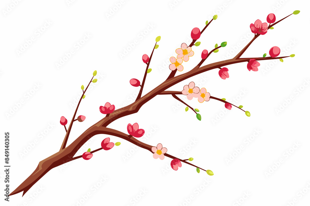 Very Thin Sakura Branch with Flowers in Buds,tree, branch, spring, flower, nature, blossom, cherry, vector, design, plant, floral, sakura, leaf, Very Thin Sakura Branch with Flowers in Buds,tree, branch, spring, flower, nature, blossom, cherry, vector, design, plant, floral, sakura, leaf,