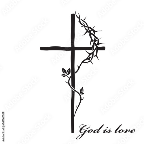 black cross and crown of thorns isolated on white background