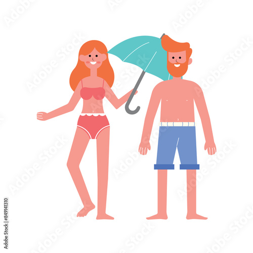 illustration of a man and woman on holiday at the beach, characters holding umbrellas, flat design style