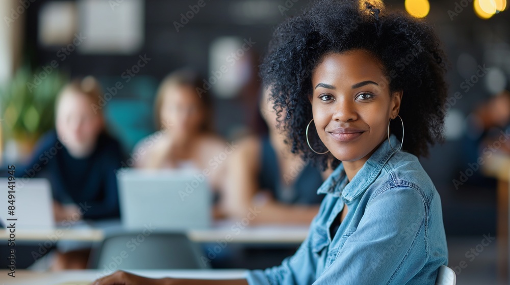 Attractive African young confident businesswoman sitting at the office table with a group of colleagues in the background, working on a laptop computer. This scene captures professionalism, teamwork Attractive African young confident businesswoman sitting at the office table with a group of colleagues in the background, working on a laptop computer. This scene captures professionalism, teamwork